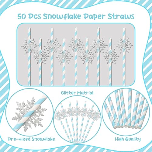 Miniatura 3 de 50 popotes de papel de copo de nieve, pajitas de rayas azules desechables con purpurina para copo de nieve para copo de nieve de invierno, regalos