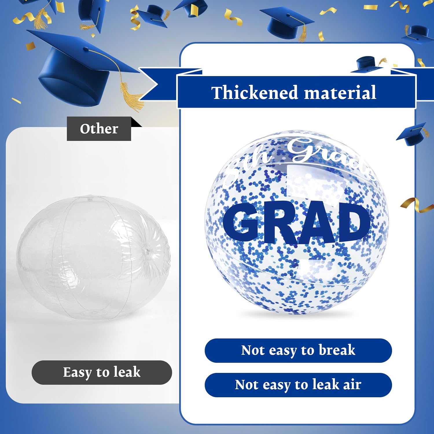 12 Pcs 16 Inch Blue 8th Graduation Beach Balls Inflatable Grade Pool Floats 2026 Thick Glitter Giant Beach Ball Bulk for Eighth Grade Swimming Pool Graduation Party Supplies