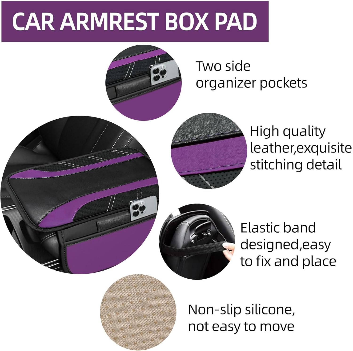 NBTEPEM 10 Pcs Car Floor Mats Full Set & Sport Leather Steering Wheel Cover 14.5-15 inch, Center Console Cover, Seat Belt Cushion, Cup Holder Coaster, Universal Automobile Interior Sets (Purple)