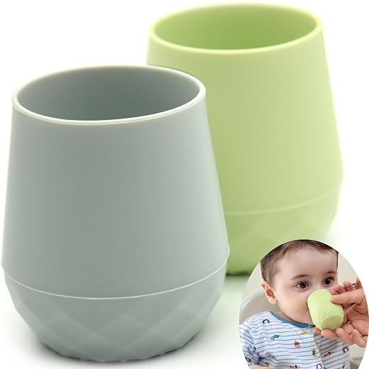 teensy peepsy Silicone Baby Training Cups 4 Months+ | Tiny Transition Cups for Baby Boy, Set of 2 Open Cups, Baby Cup for 6-12 Months, 2oz Drinking Cups (Pastel Earth)