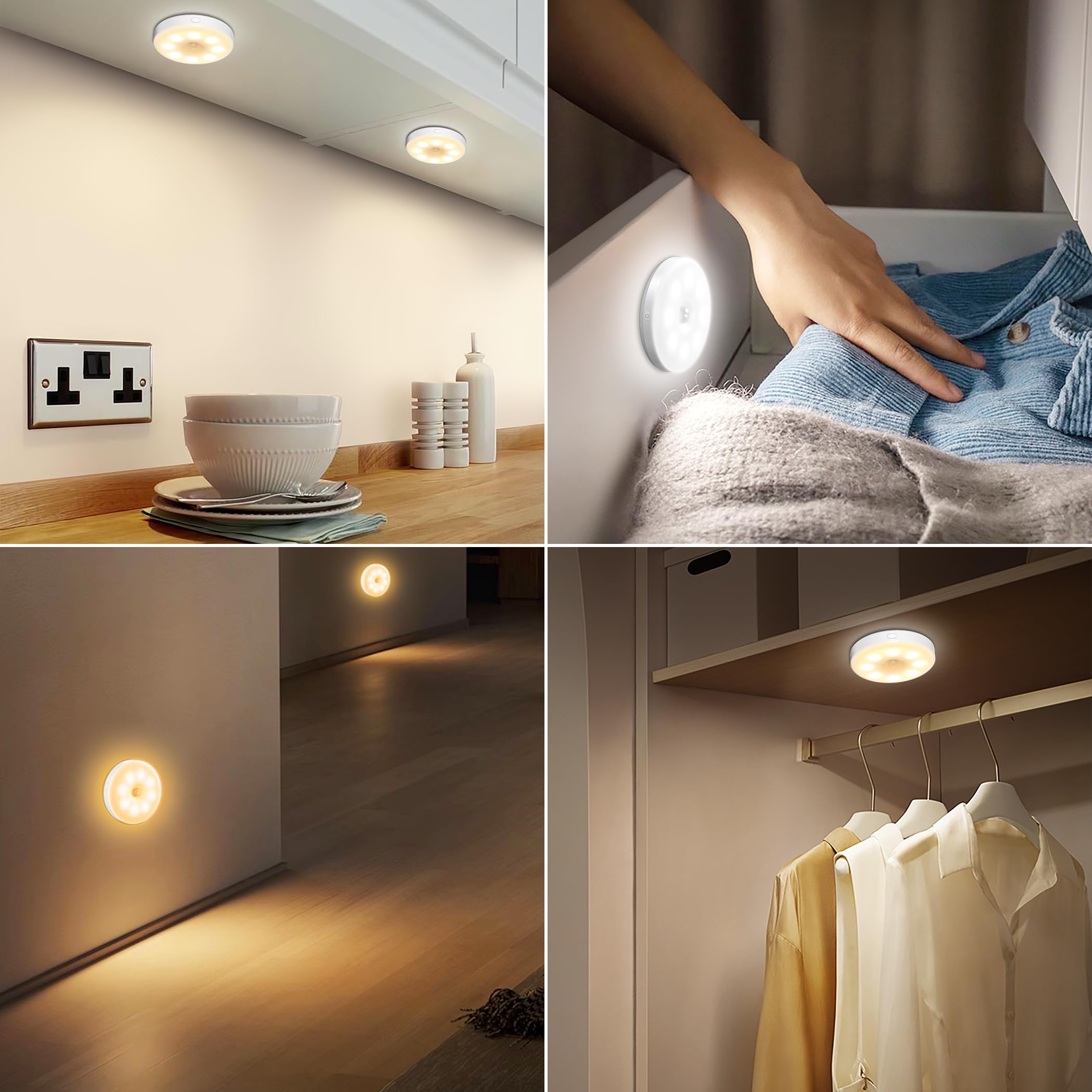 6 Luci Notturne con Sensore di Movimento, Luce LED Ricaricabile USB, Illuminazione per Armadio, 3 Modalità, Sensore di Movimento Interno per Illuminazione di Scale, Camera da Letto, Cucina, Cameretta