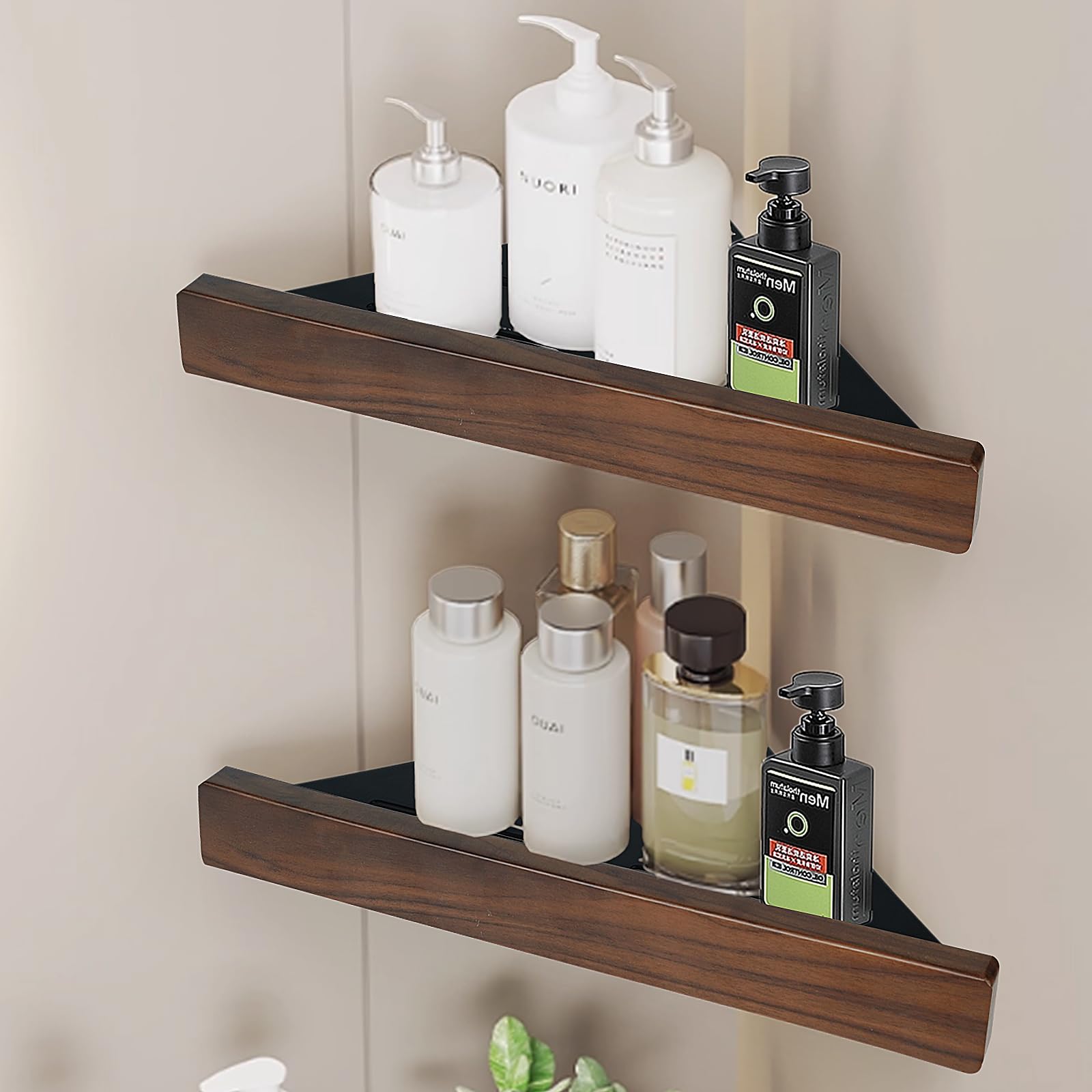 CAUSXIAOFA Bathroom Corner Shelf 2-Pack Shower Shelves Corner with High Guardrail - No Drilling Shower Caddy Solid Walnut
