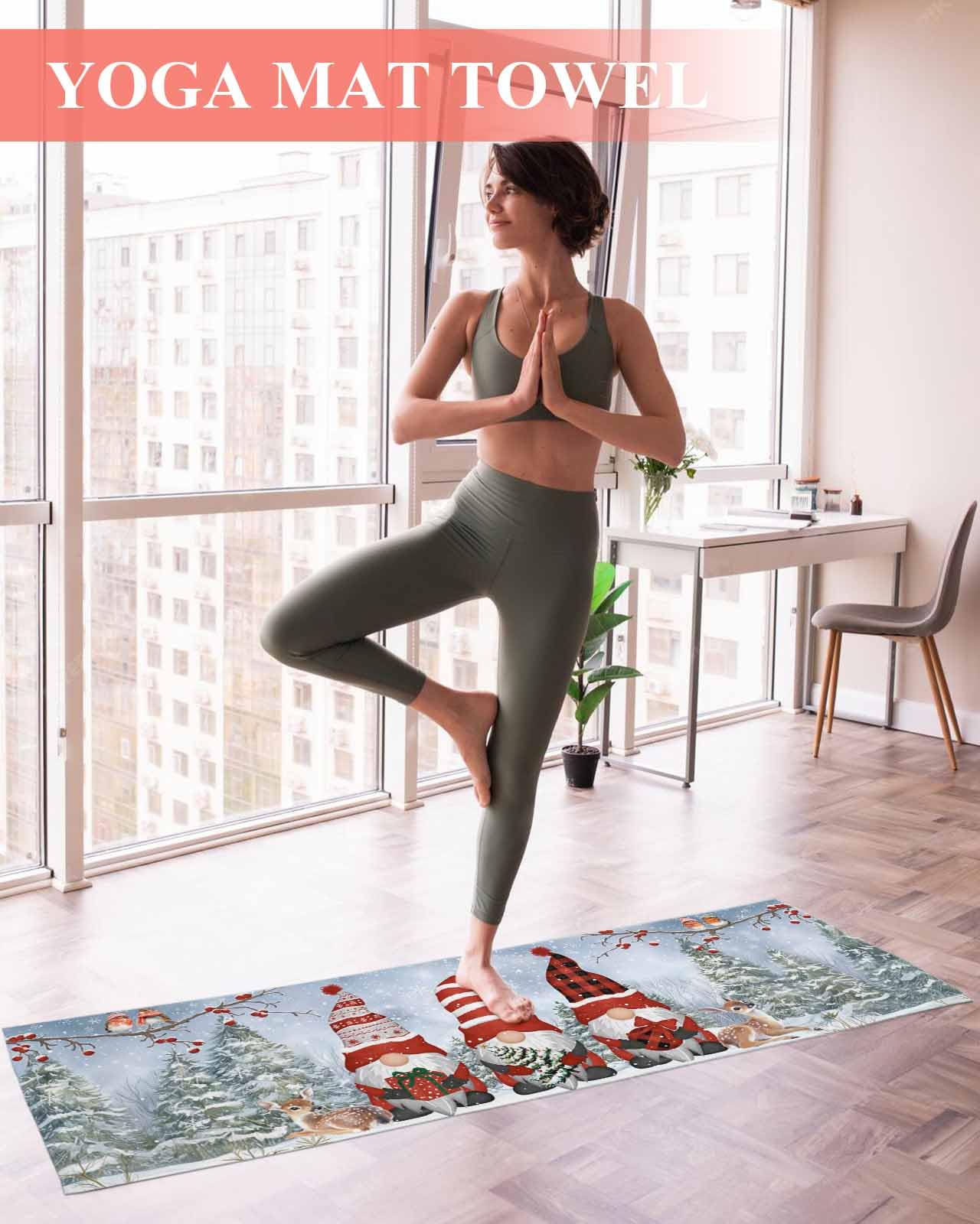 BOSIJOY Yoga Mat Towel,Christmas Winter Dwarf Reindeer Tree Non Slip Sweat Absorbent Hot Yoga Towels with Corner Pockets,Farm Snowy Scene Forest Soft Microfiber Towel for Pilates Bikram 70