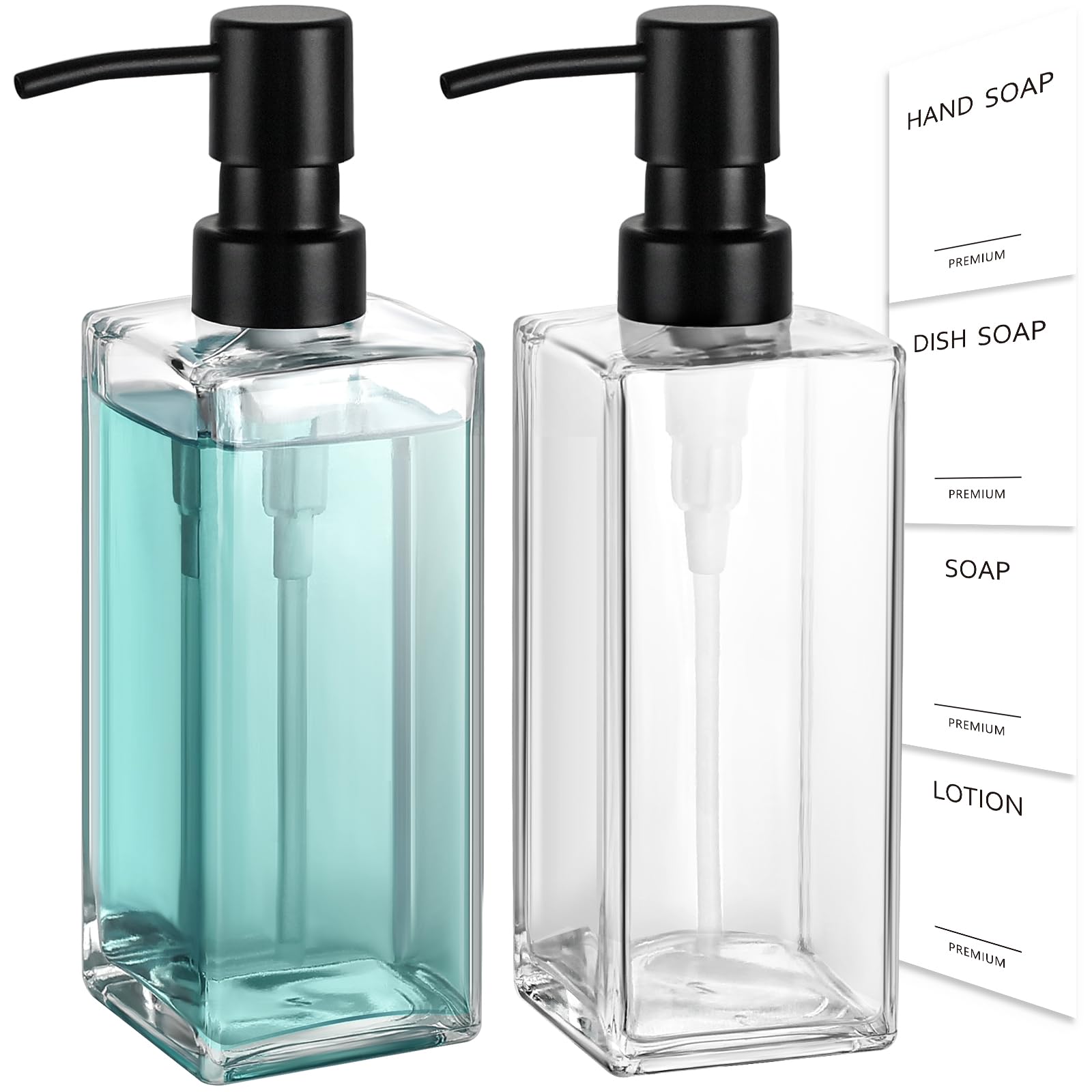 GMISUN - Dispensador de jabón de vidrio con bomba de acero inoxidable, dispensador de jabón de manos transparente para baño, 350 ml, juego de dispensadores de jabón de manos y platos para cocina