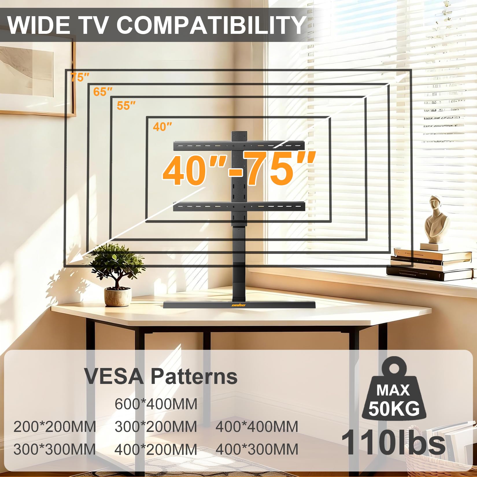 unho Supporto TV da Tavolo per 40-75 Pollici Porta TV Regolabile Stabile | Acciaio Ispessito, Peso Max 50kg, Max VESA 600x400mm, Ruotabile a sinistra e a destra 45°
