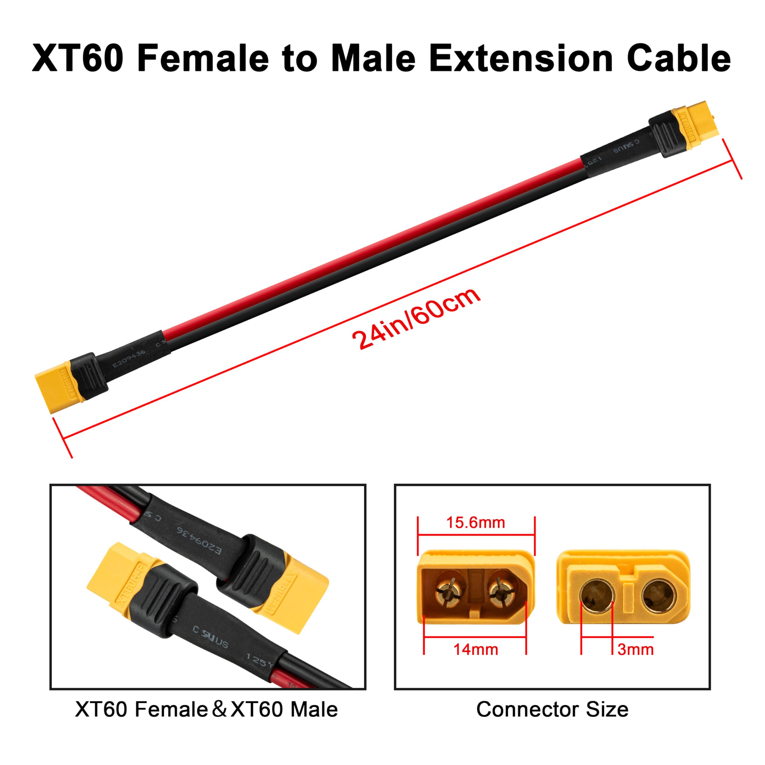 Cable de extensión XT60 resistente de 12 AWG con adaptador XT60 de conexión rápida, generador solar, estación de energía portátil y batería RC compatible (2 pies), conector impermeable de alta