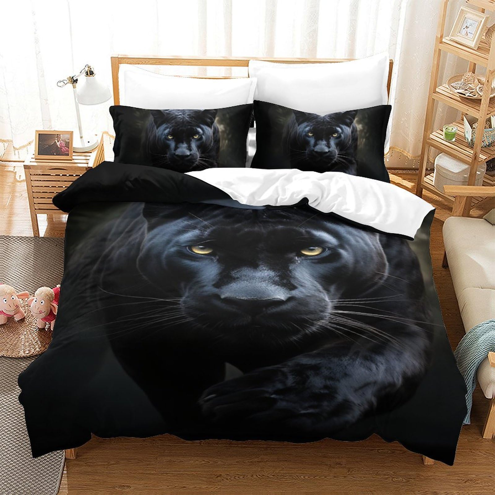 Housse de couette 140x200 panthère noire 3D microfibre parure de lit ado avec fermeture éclair 3pcs