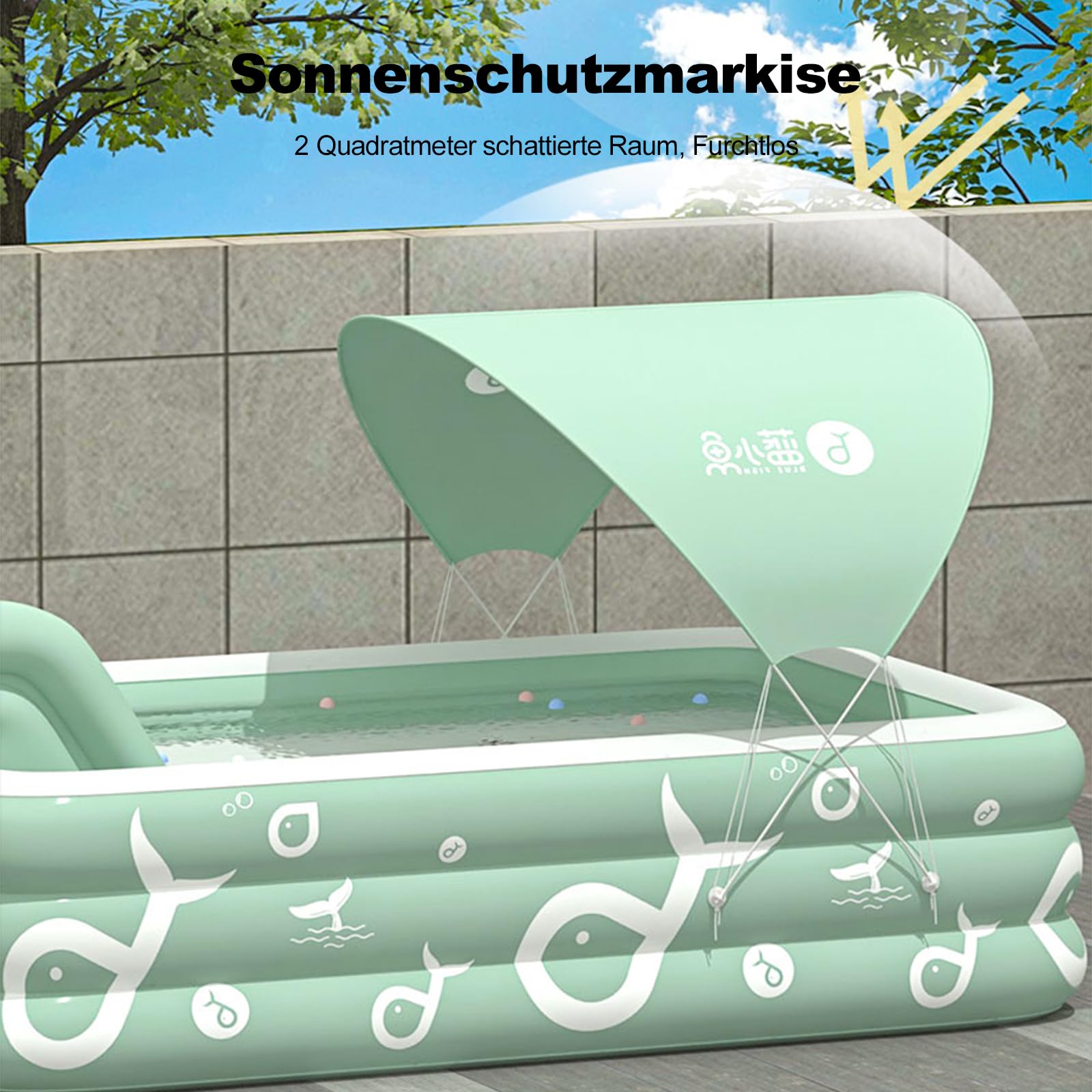 Ergocar schattiges Sommerschwimmbad. Das aufblasbare Außenschwimmbecken verfügt über eine eingebaute Rutsche. Oberirdische Schwimmbecken für Kinder und Erwachsene.