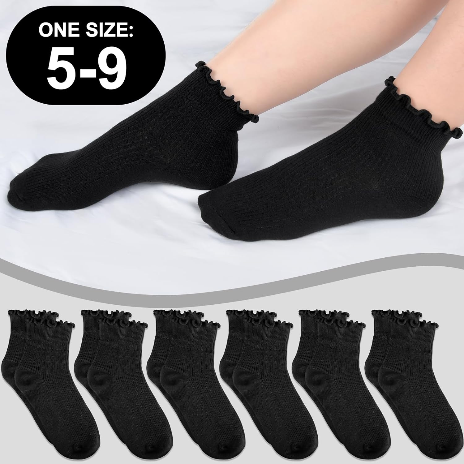 6 Pairs Ruffle Socks,White Frilly Ankle Socks,Soft Socks With Ruffles for Women - Image 2