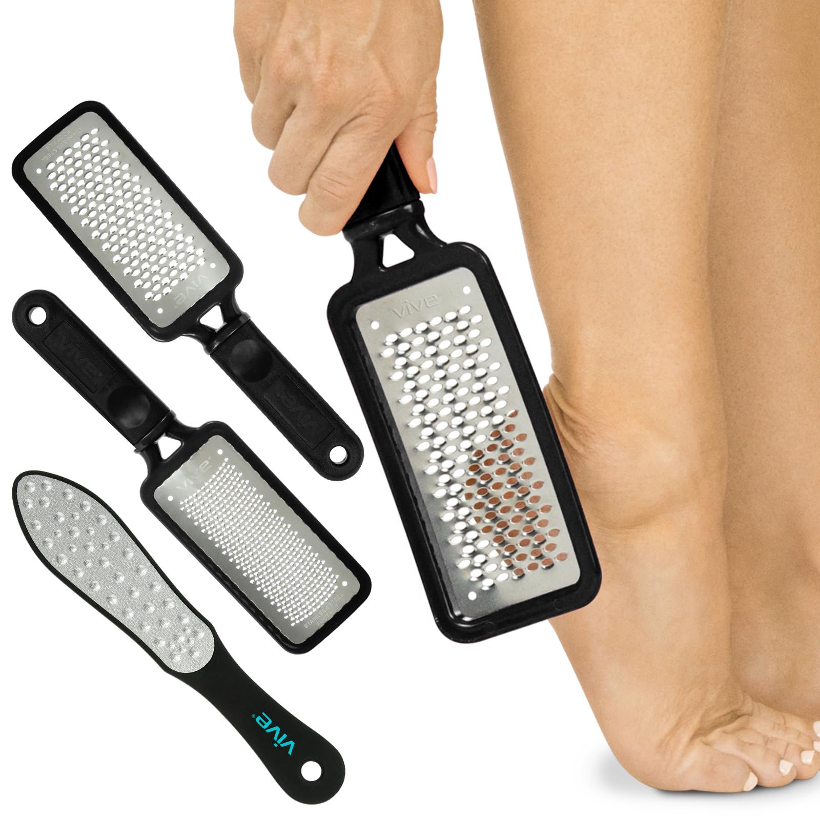 Vive Foot File - Callus Remover Pedicure Tool for Men & Women Foot Care - Dead Skin Scrub Shaver & Rough Patch Eliminator Remover for Dry & Wet Toe & Feet Peel - Rasp Scrubber (Variety Pack (3))