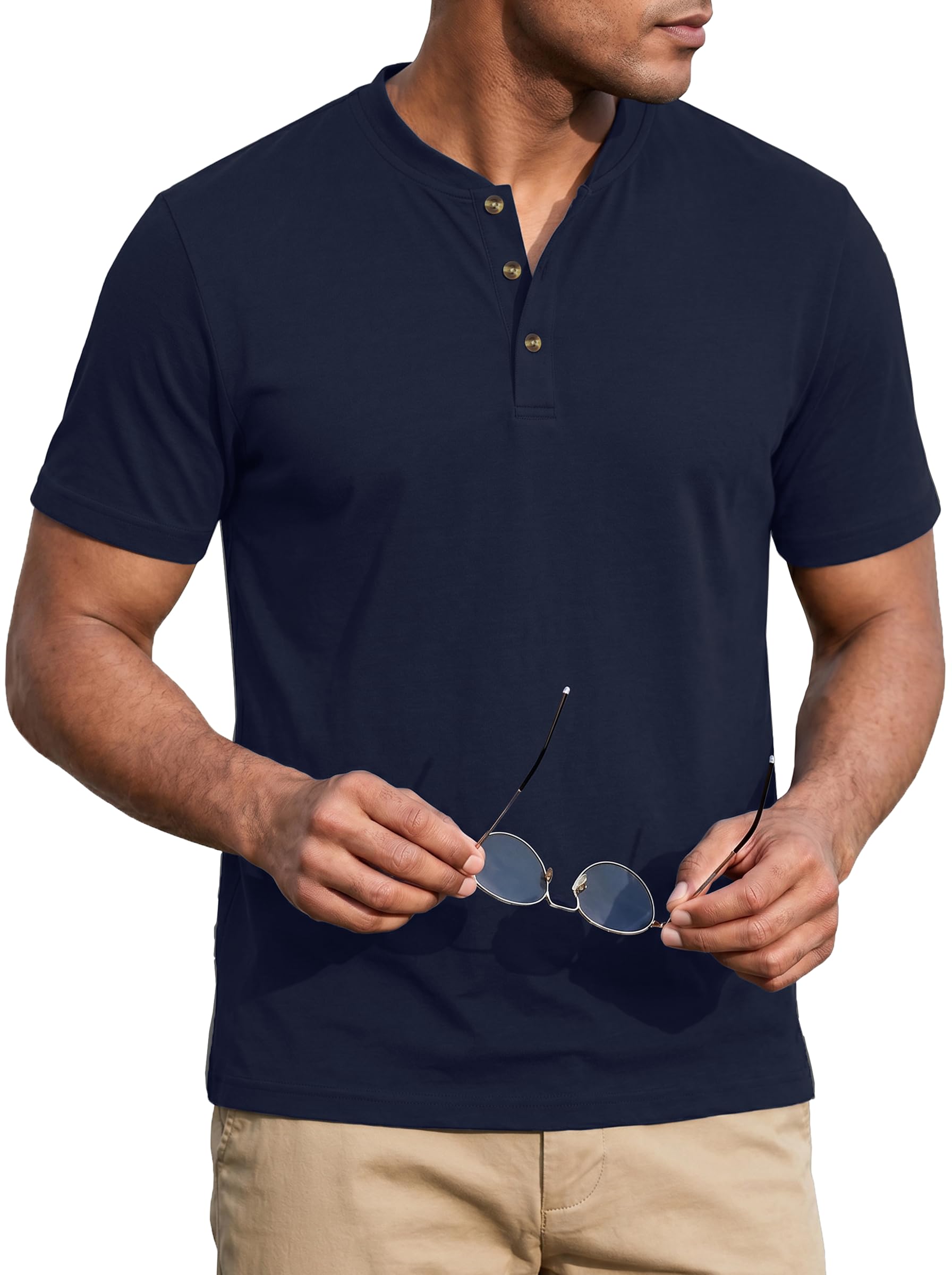 TACVASEN Henley Shirt Herren Sommer UV-Schutz Casual Shirts mit Knopfleiste | Basic Polyester Tshirt Atmungsaktive Leicht Obertail Regular Fit Kurzarm Freizeitshirt mit Knopfleiste