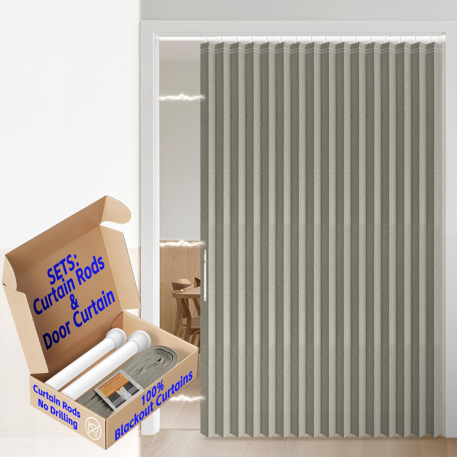AJAZZ Blackout Accordion Door Curtain with Curtain Rods Adjustable 28-63" Long Invisible Accordion Doors Interior for Bedroom Living Room Doorway Curtain Sets (1 Pack, 72 W x 78 L, Grey)
