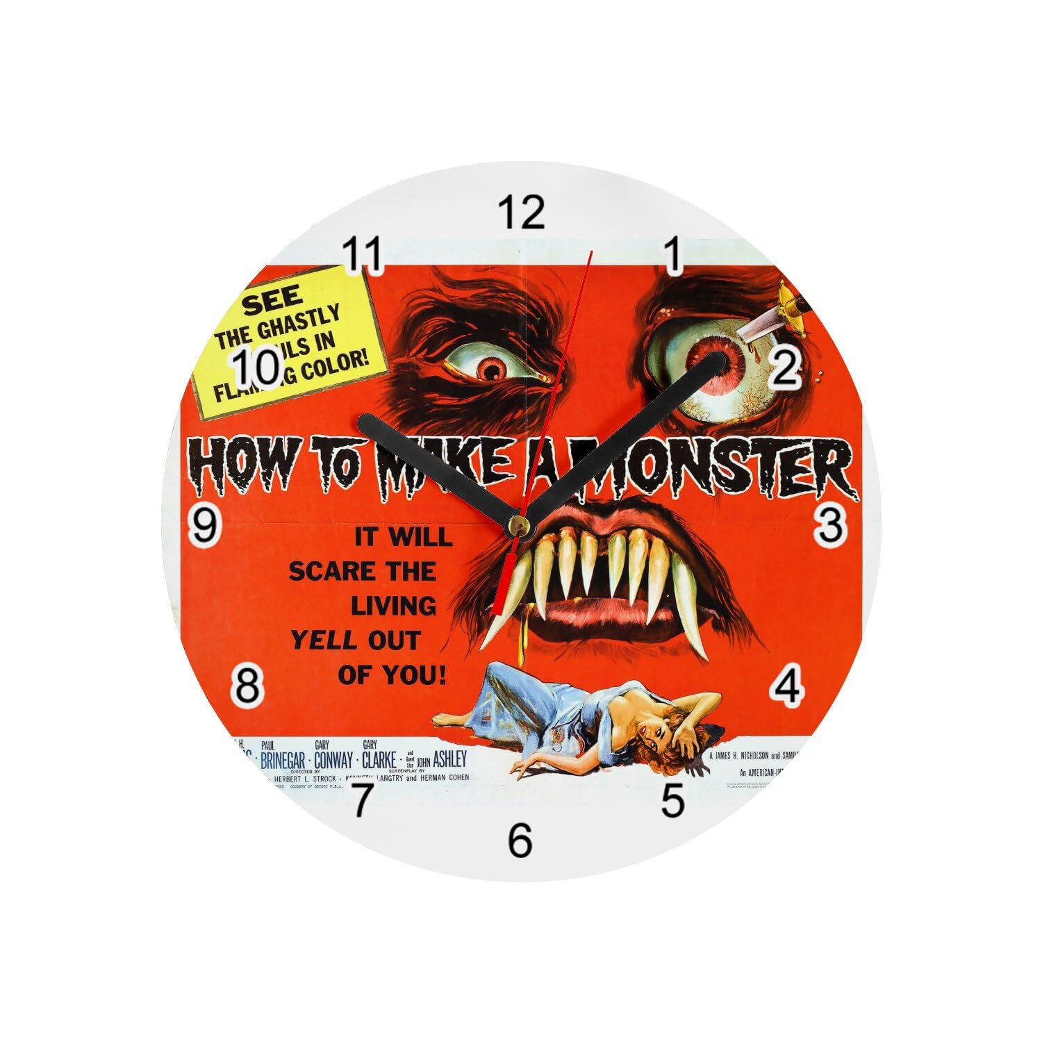 Horloge murale en verre How to Make a Monster de 20 cm design vintage blanc