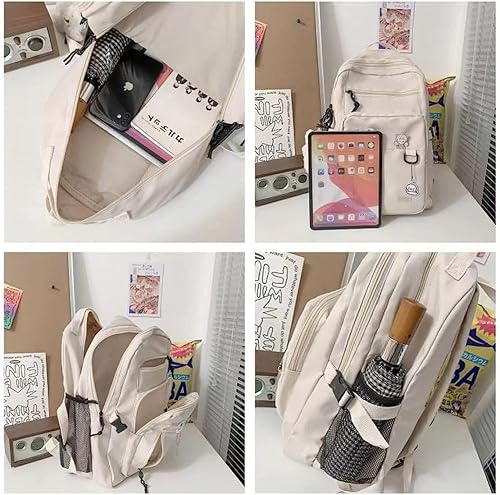 Miniatura 4 de Mochila estética, linda mochila Kawaii con alfileres y colgante para laptop, mochila casual para mujer, Beige