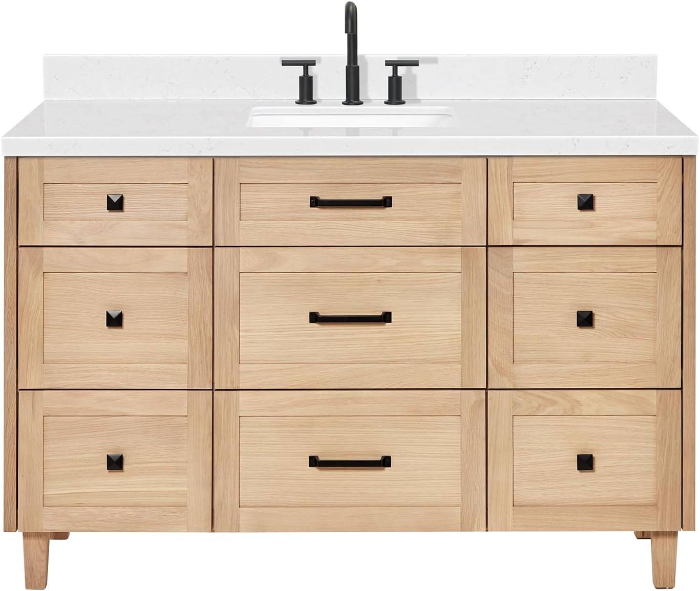 ARIEL Monroe 54-inch Bathroom Vanity with Sink,Solid Wood, 1.5-inch Carrara White Quartz Countertop & Backsplash, Single Oval Porcelain Sink, 9 Dovetail Drawers, Matte Black, White Oak