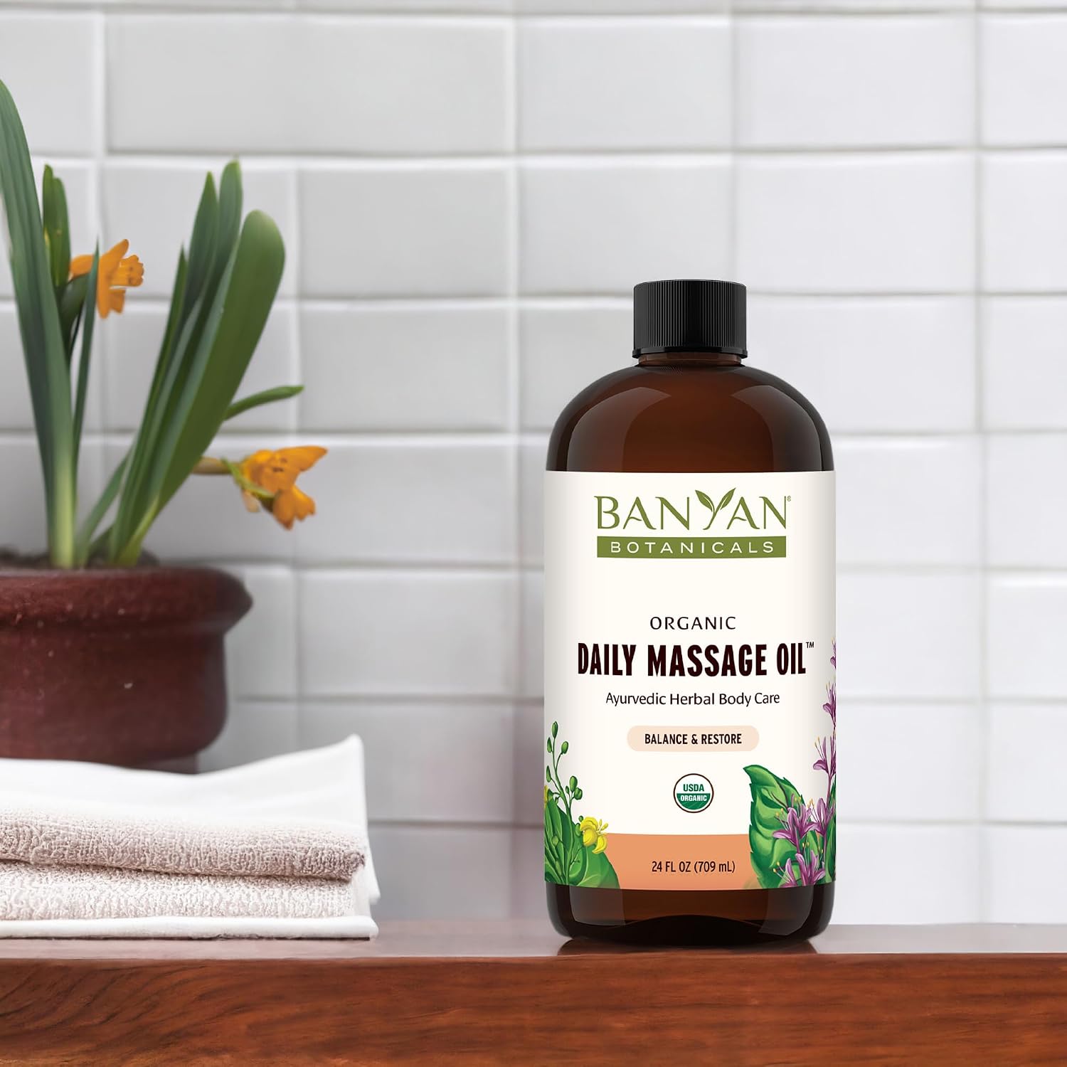 Banyan Botanicals Daily Massage Oil – Organic Ayurvedic Massage Oil – Balancing and Grounding – 24 oz – Non GMO Sustainably Sourced