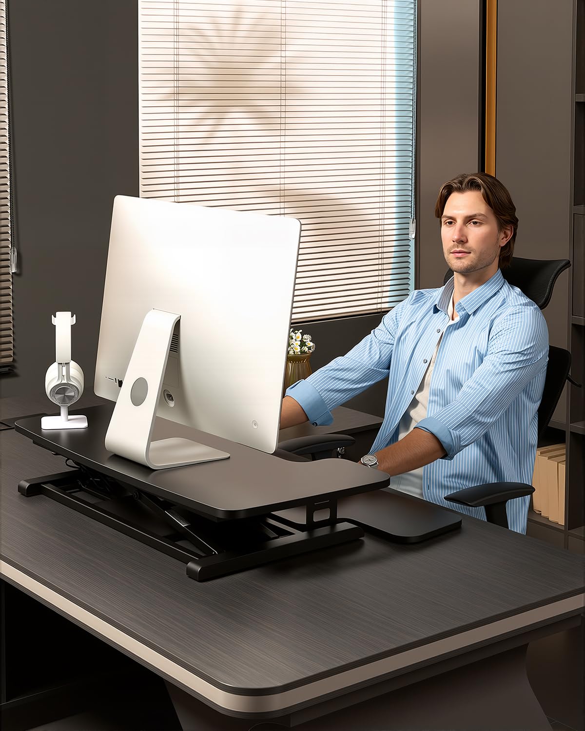 FLEXISPOT 35 Electric Standing Desk Converter Motorized Height Adjustable Sit Stand Riser Fits Dual Monitors Laptop Wide Keyboard — view 2