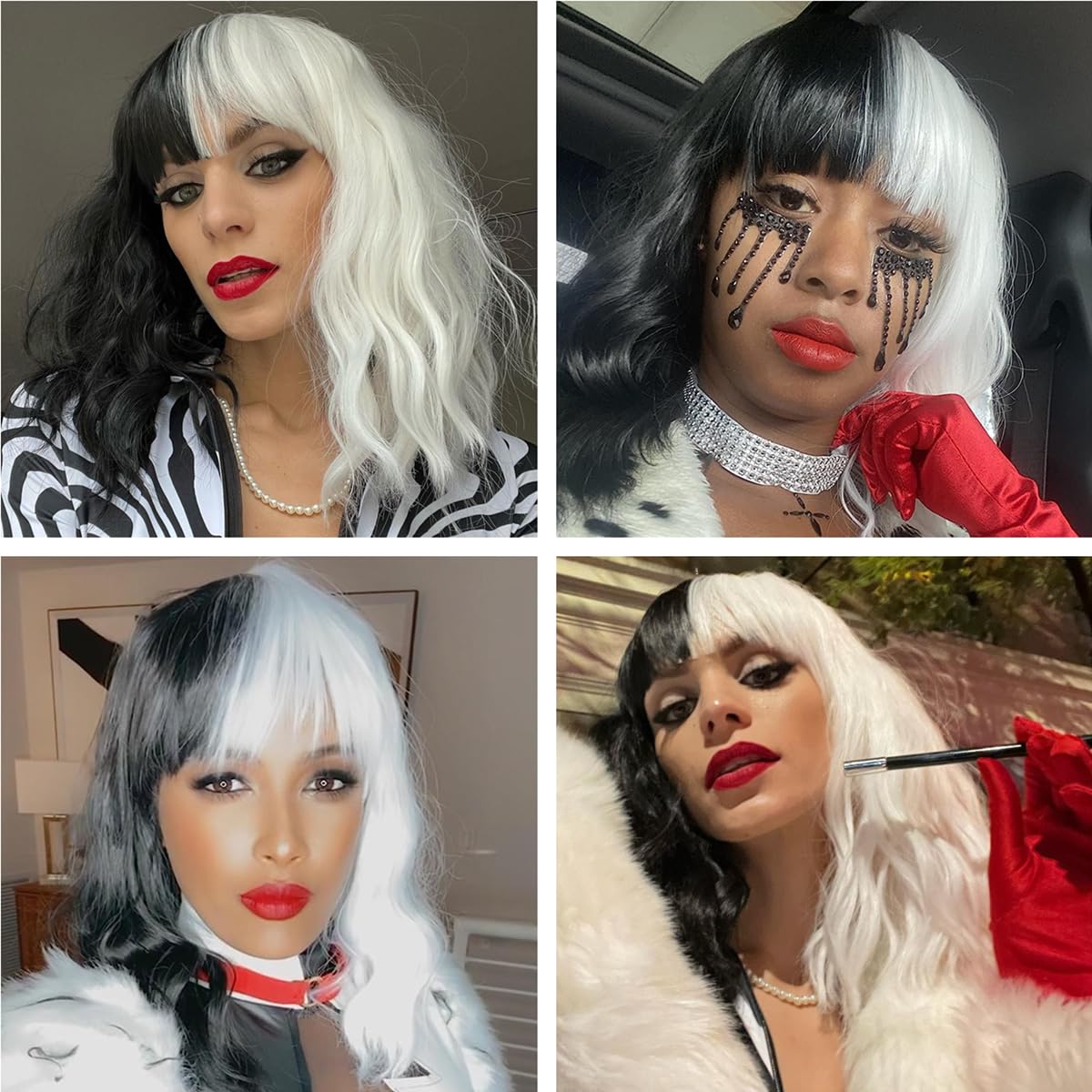 Cruella D. SHORT ⚫️⚪️BLACK & WHITE Wig Cruella Deville Black and White Costume Wig w/Gloves, Choker  main image 2