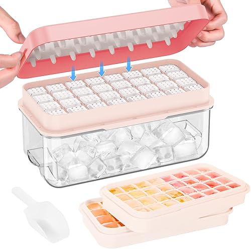 PHINOX Bandeja para cubitos de hielo con tapa y contenedor, bandejas de hielo para congelador, bandejas flexibles para cubitos de hielo, hacer 64