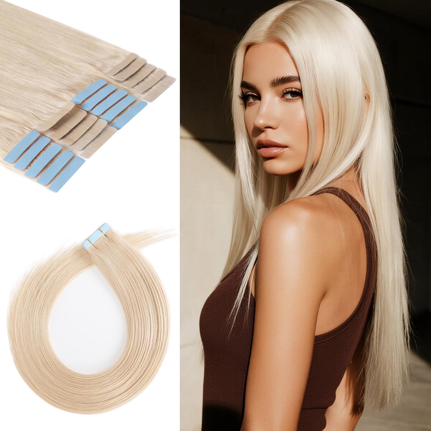 Tape in Hair Extensions Human Hair 16 Inch 50g 20Pcs Remy Human Hair Extensions Invisible Straight Seamless Tape in Extensions (16in, 50g, #60)