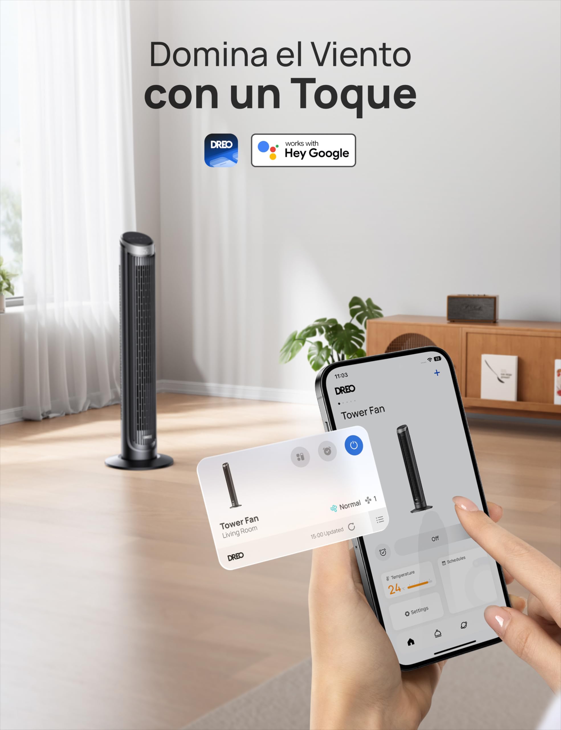 Dreo Smart Ventilador de Torre Silencioso, Oscilación de 90°, Ventilador de Pie para Dormitorio, 7.9 m/s, 5 Velocidades, 4 Modos, Táctil/Mando/App & Control por Voz, Alexa, Temporizador 12H, Plateado
