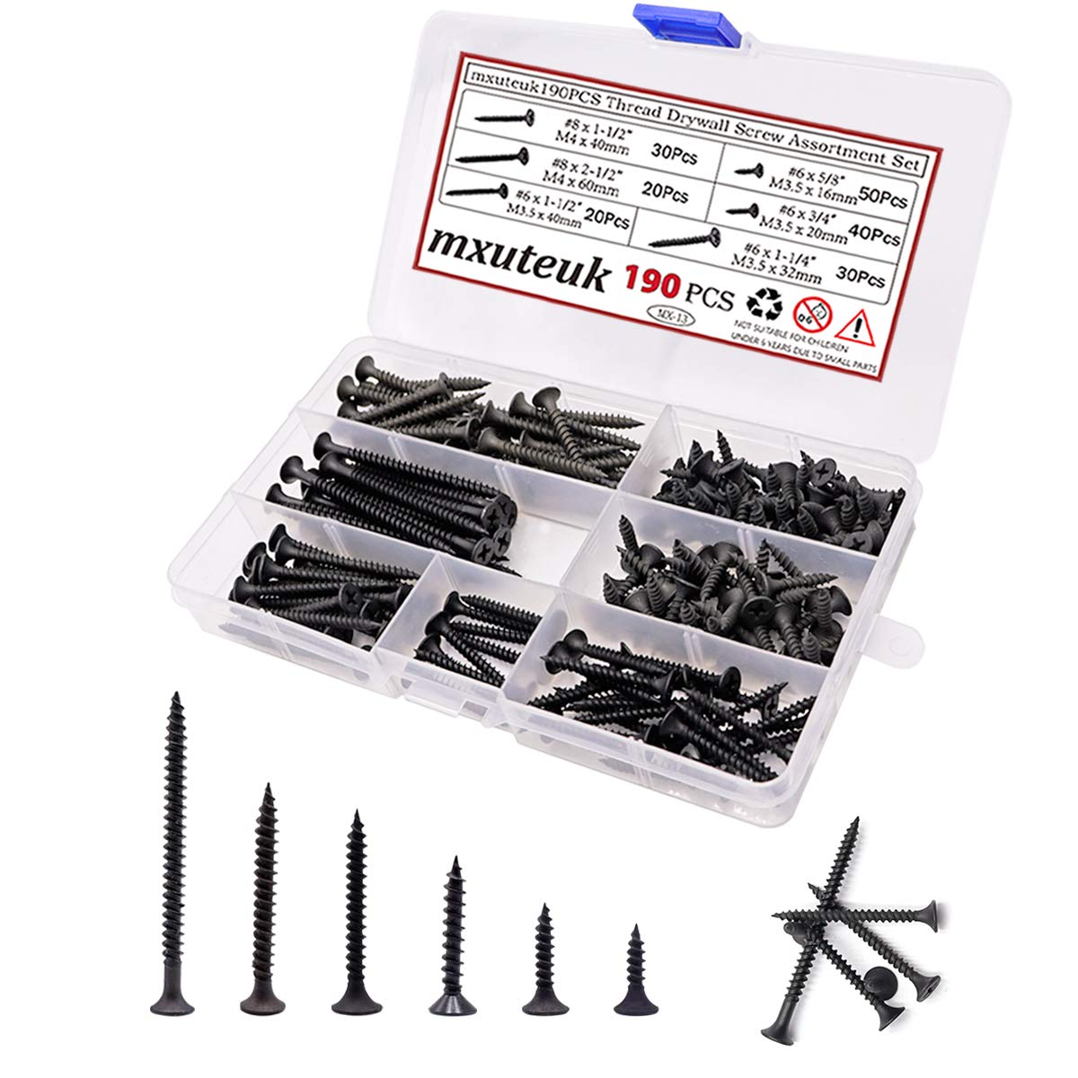 mxuteuk 68 190PCS Fine Thread Sharp Point Drywall Screw,6 Sizes