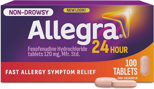 Allegra 24 Hour Allergy Medication, Non Drowsy, Fast and Effective Multi-Symptom Allergy Relief Medicine for Sneezing, Watery Eyes and Itchy Throat, Fexofenadine Hydrochloride 120 mg, 100 Tablets