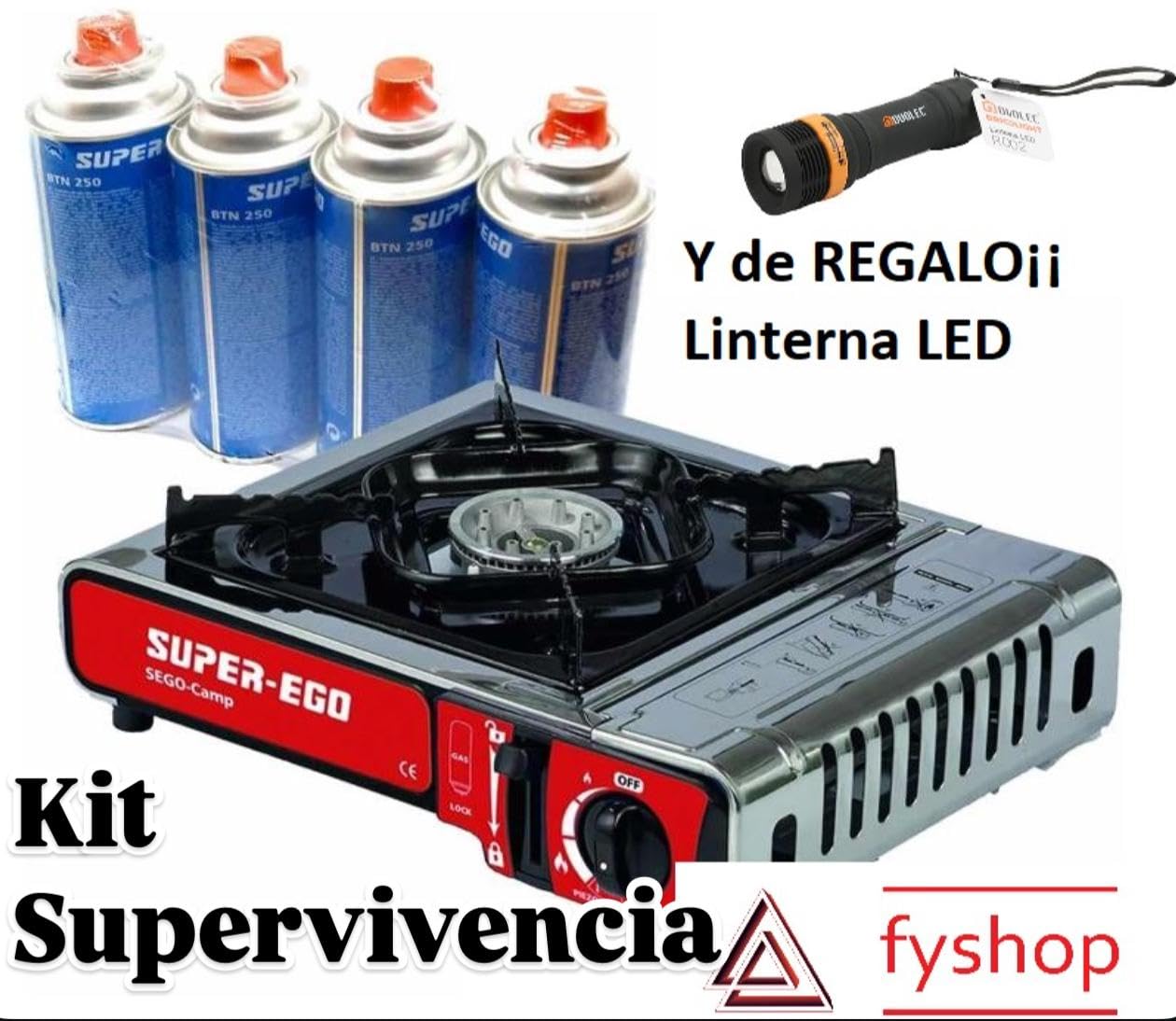 FYSHOP | KIT Supervivencia | Pack Supervivencia | Kit Apagon | Kit Emergencia | Hornillo cocina portatil con 4 cartuchos de gas y linterna Led de regalo