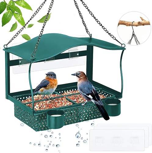 Comedero para pájaros de ventana para exteriores, comederos metálicos para pájaros con cadena para colgar, 3 hojas adhesivas, 2 tazas de agua y