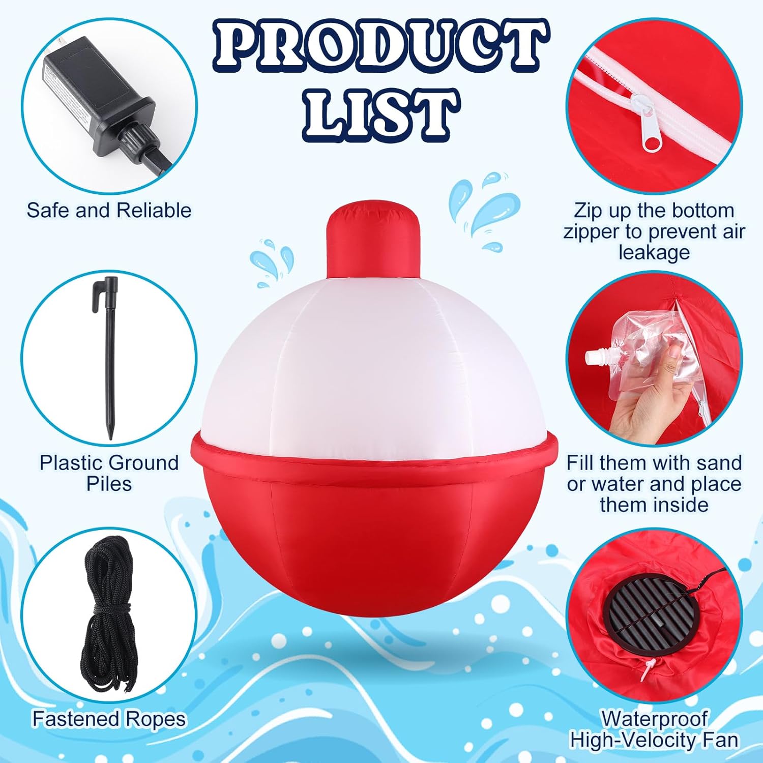 Leyndo 5 ft LED Inflatable Fishing Bobber Decorations Giant Outdoor Inflatable Red White Gone Fishing Decor Ornament for Ice Fishermen Birthday Party Decoration Yard Swimming Pool Party Favor Supplies