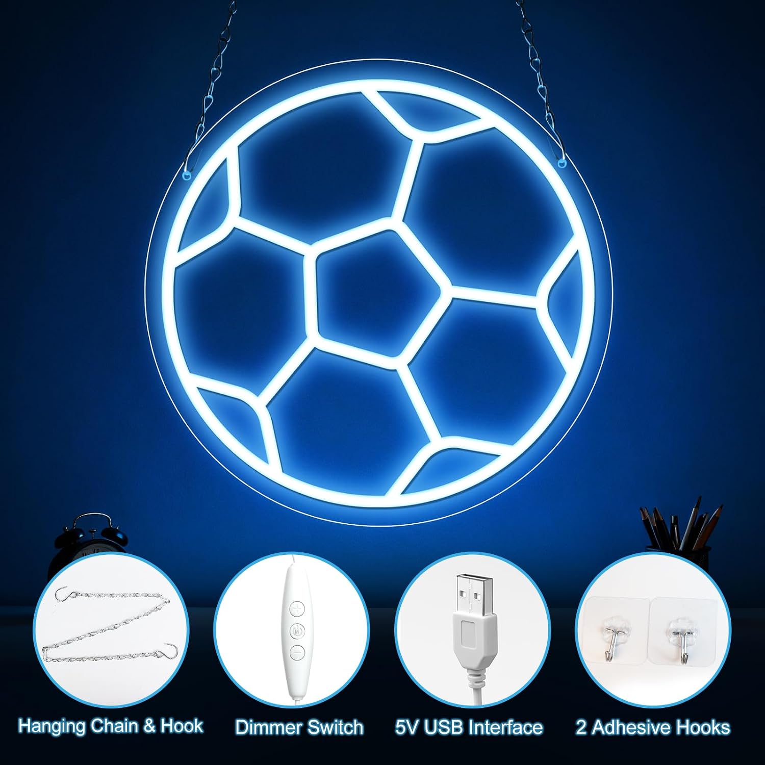 Soccer Neon Sign for Wall Decor, Dimmable Soccer LED Sign with USB Powered ON/OFF Switch, 12 x 12 In Football Neon Light for Boys Bedroom, Game Room, Living Room, Club, Soccer Gifts for Kids Teens image 3