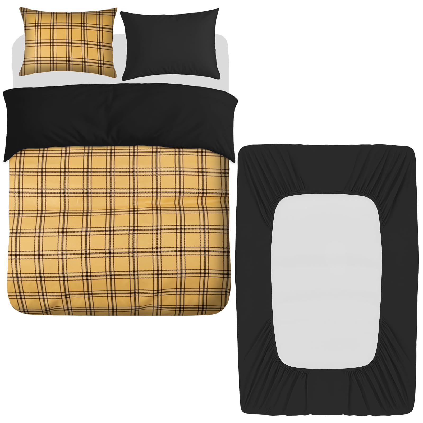 Grace Black & Gold 4 Pcs Double Duvet Set With Matching Black Double Fitted Sheet 40 Cm Extra Deep Pocket - Ultrasoft Breathable Premium Microfibre Reversible Quilt Cover Bedding Set For All Seasons
