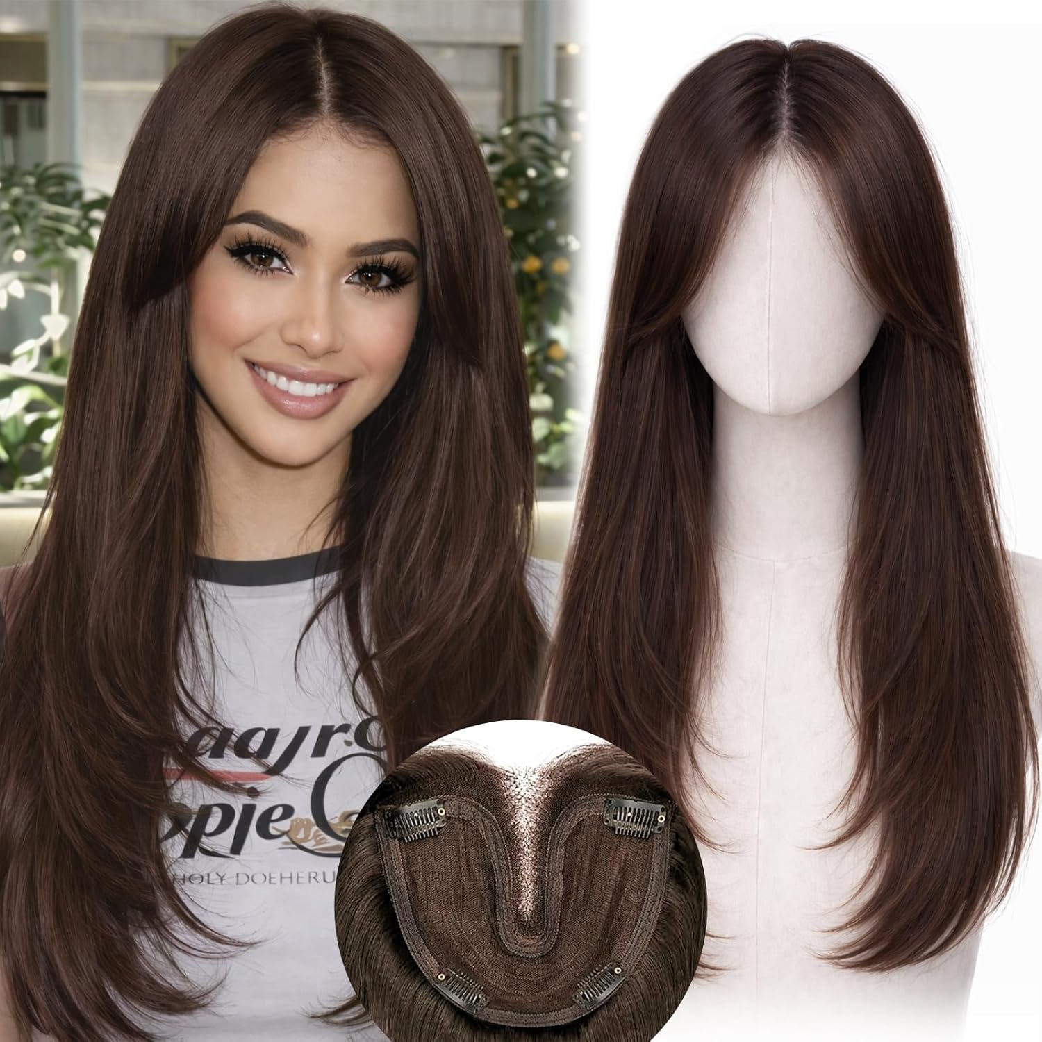 Hair Toppers for Women with Thinning Hair, 20 Inch Synthetic 360° 3D Clip-In Topper, Straight Layered Wiglet Adds Natural Volume & Full Crown Coverage (Dark Brown)
