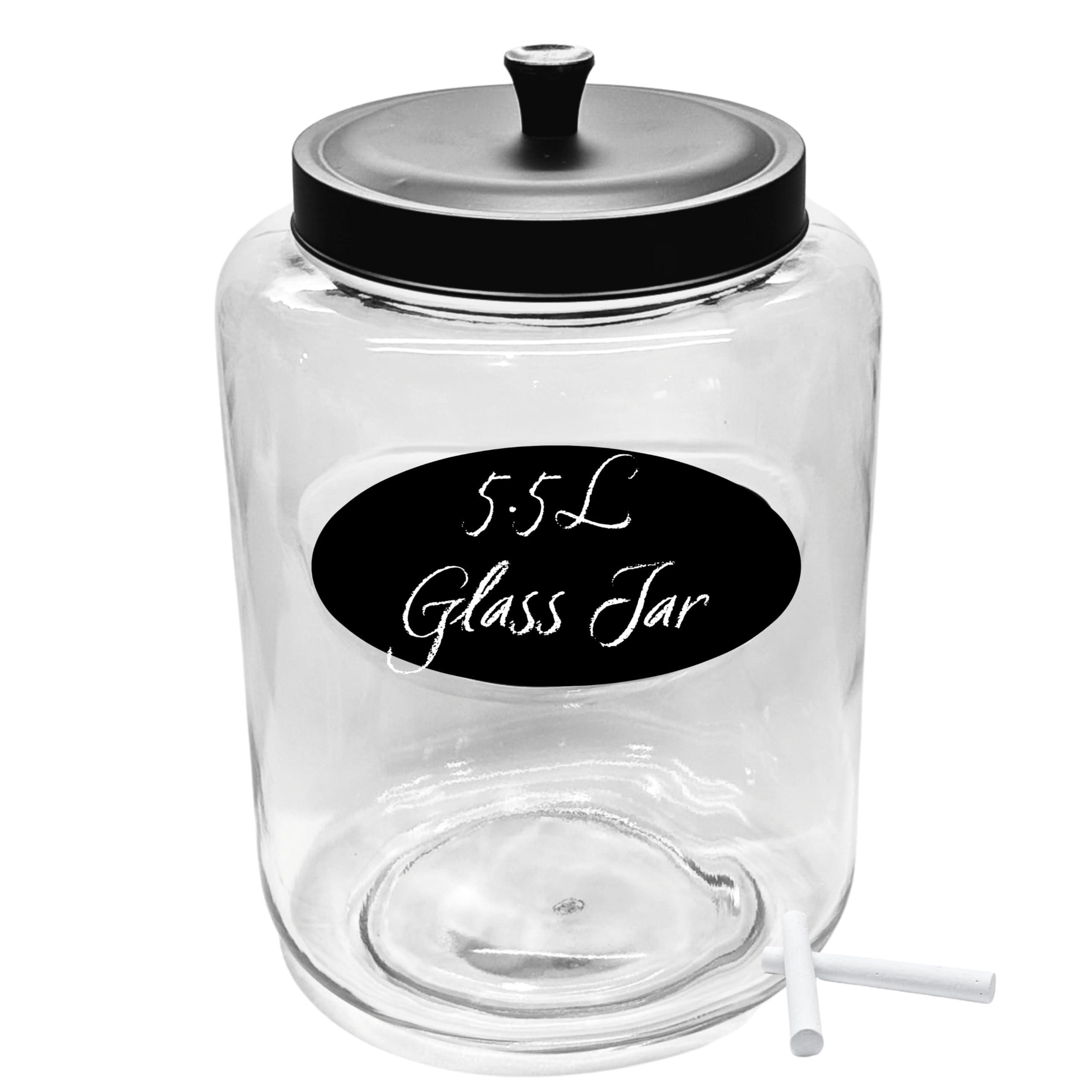 ICE N COLD Kitchen and Laundry Storage Glass Jar – Wide Mouth Round Glass Storage Container with Black Steel Lid and Chalkboard Label - 2 Sticks of