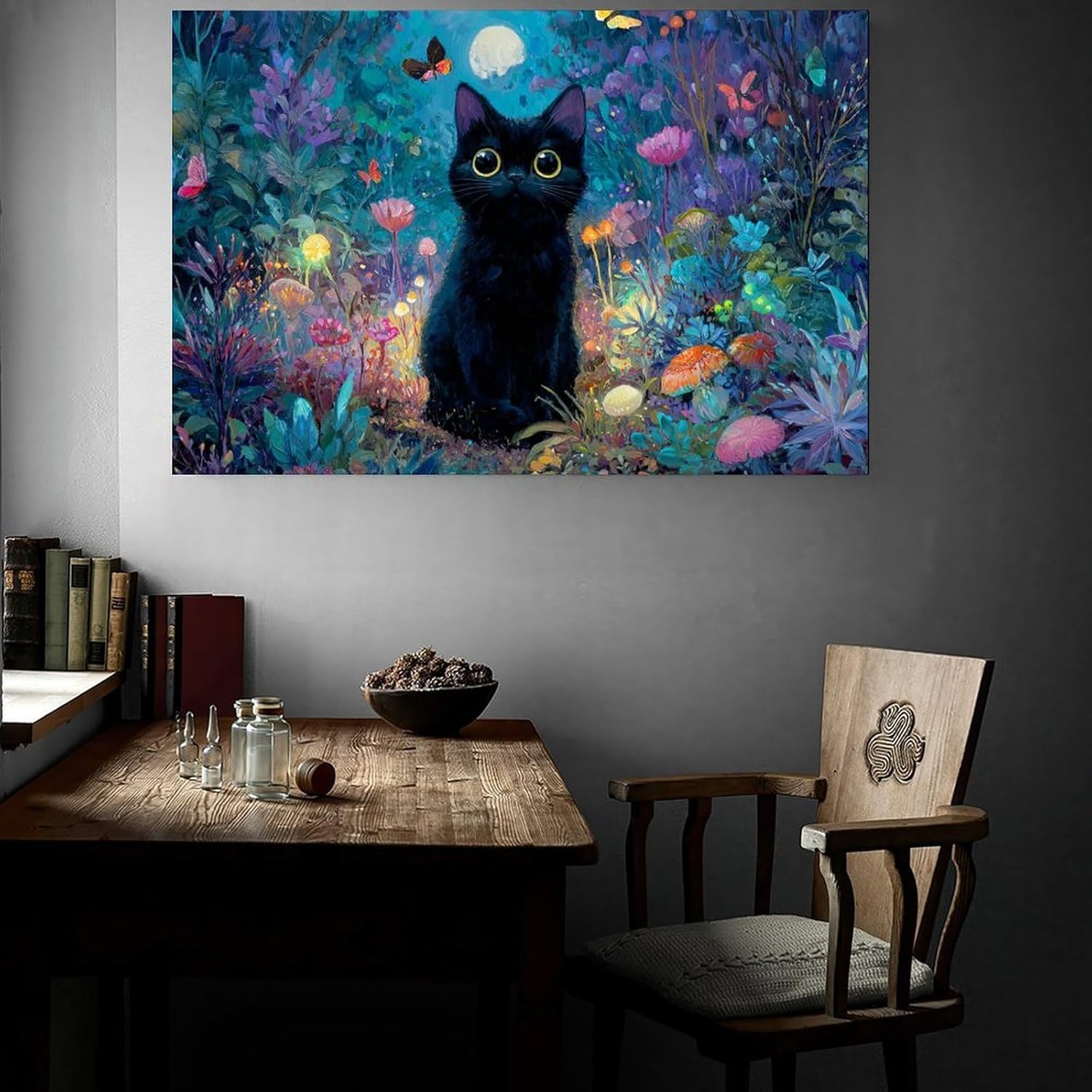 UZWGG 1pcs Framed Wall Art Cute Black Cat Canvas Painting Flowers and Plants Garden HD Printing Artwork Butterfly Mushroom Children's Room Dormitory Decor Wrapped Canvas 12x18inch(30x45cm)