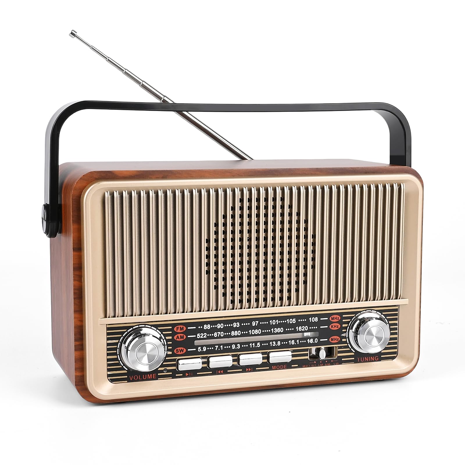 Radio Vintage AM/FM/SW - Radio Vintage Portable avec Batterie Rechargeable & Bluetooth, Enceinte Haut-Parleur avec Lecture AUX/USB/TF, Idéale pour Maison, Jardin & Urgences