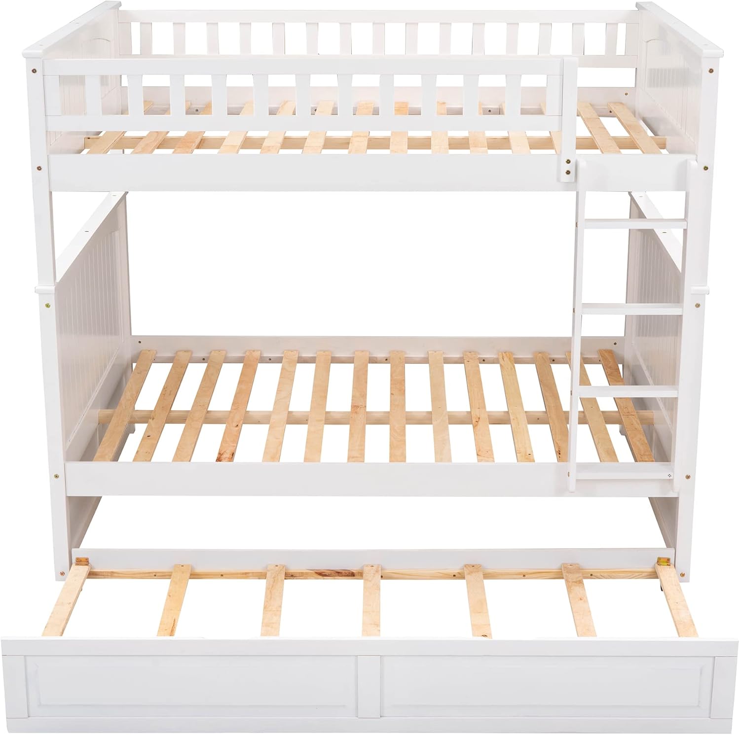 Ball & Cast Full Over Full Bunk Bed with Twin-Size Trundle,Pine Wood Bunkbed w/Stairway and Full-Length Guardrails,Into 2 Individual Beds,Slat Support,Bedframe Furniture for Student Dorms,White