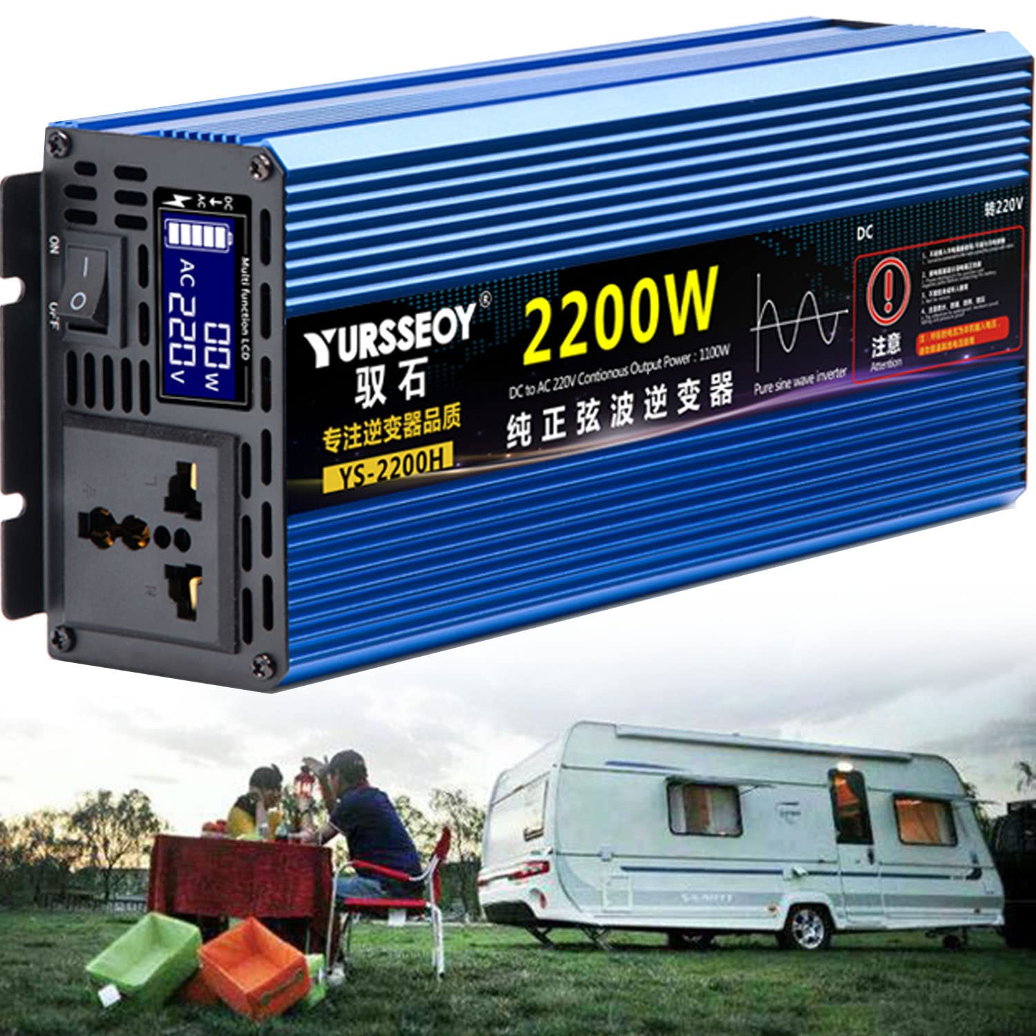 Przetwornica napięcia przetwornica czystej fali sinusoidalnej 12V 24V 48V 60V 72V do 230v 2200W 2800W 3500W 4000W 4500W 5500W 6500W 8500W przetwornica z gniazdem i wyświetlaczem napięcia,2200W-12V