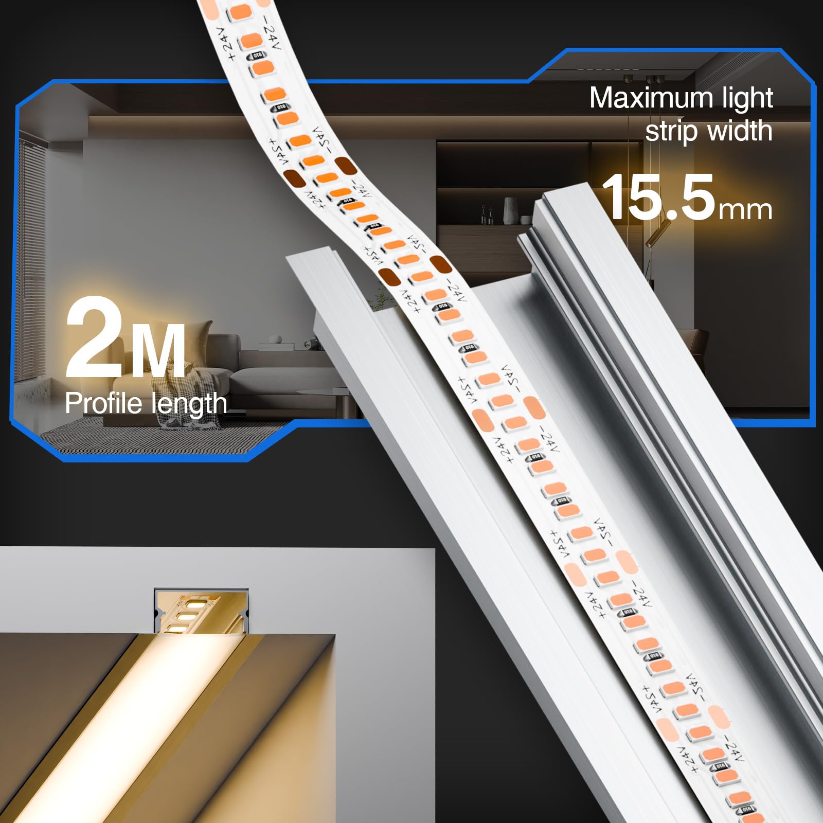 Profilo in Alluminio LED per Cartongesso 15x2m (30m Totali), Guida a U per Strisce fino 15mm, 26.7x10mm con Diffusore PC, Per Installazione a Soffitto e Incasso