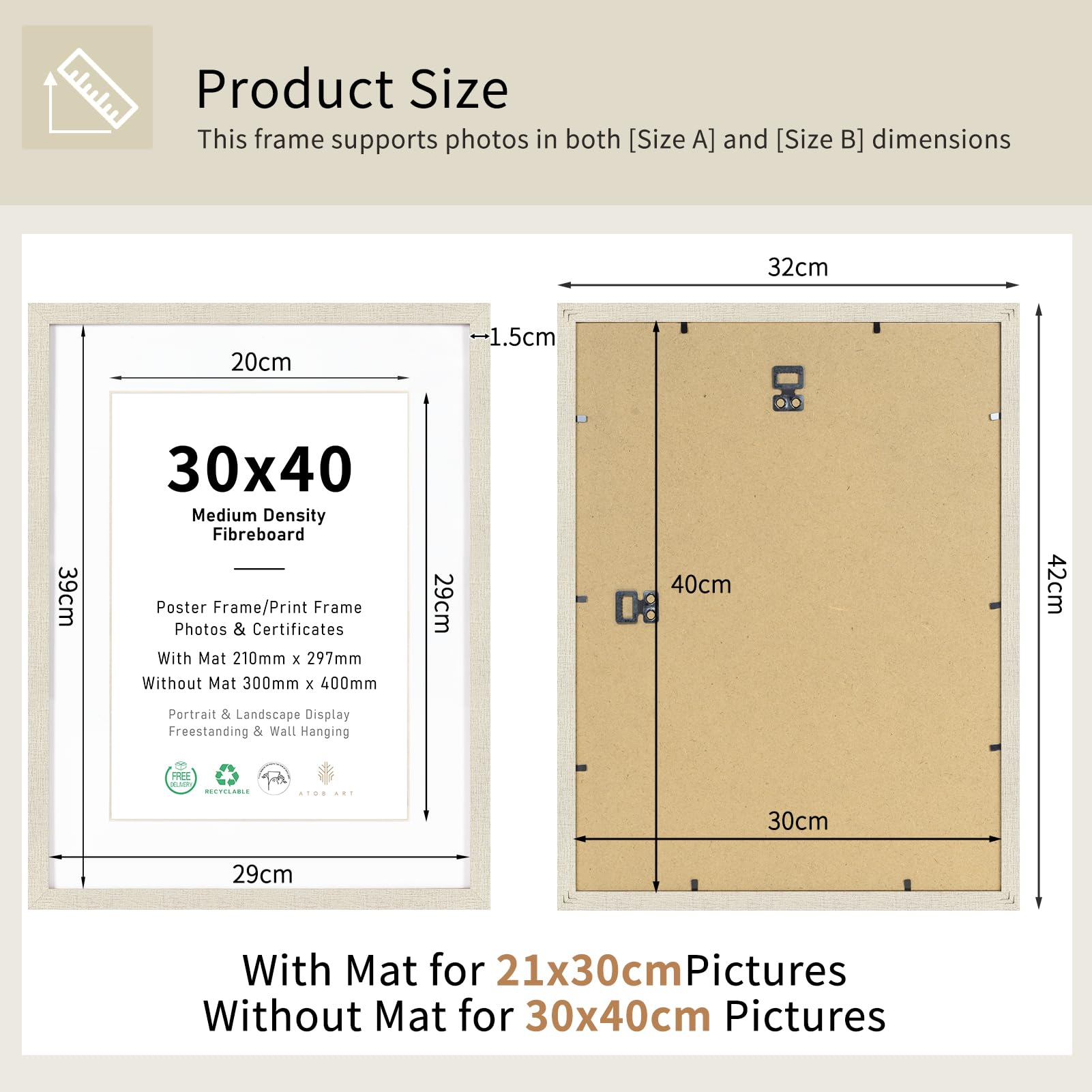 Lot de 3 cadres photo 30 x 40 cm, affichage A4 avec passe-partout ou image 30 x 40 cm sans passe-partout