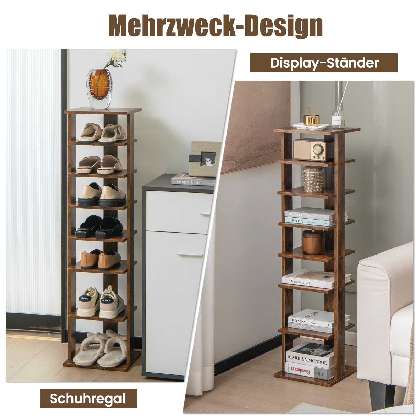FANTASK 8 stufiges Schuhschrank, Schuhständer Schuh-Organizer aus Holz höhenverstellbar, Standregal, Schuhregal schmal vertikal, Freistehender Eckregal für Eingang & Flur (Braun)