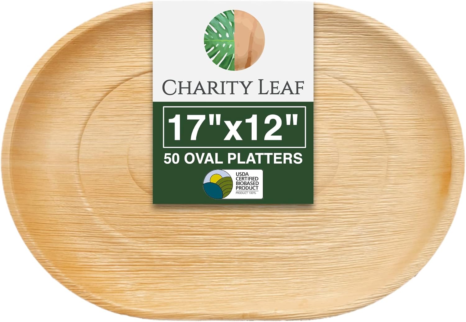 Charity Leaf Disposable Palm Leaf 17" x 12" Trays (50 pieces) Bamboo Like Serving Platters, Disposable Boards, Eco-Friendly Dinnerware For Weddings, Catering, Events