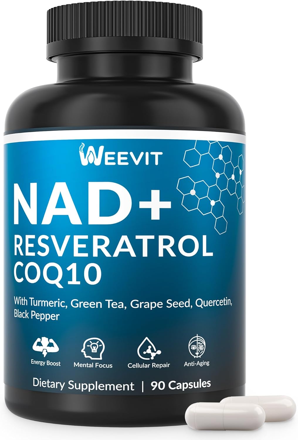WEEVIT NAD+ Resveratrol Supplement with COQ10, Quercetin, Turmeric, NAD+ Supplement for Men and Women - Energy, Focus & Anti-Aging Support - Gluten Free, Non-GMO