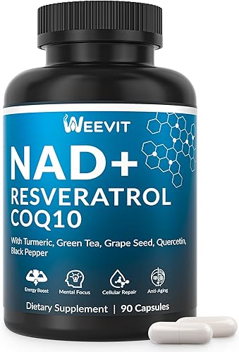 Suplemento de resveratrol NAD+ con COQ10, quercetina, cúrcuma, suplemento NAD+ para hombres y mujeres, energía, enfoque y apoyo antienvejecimiento,