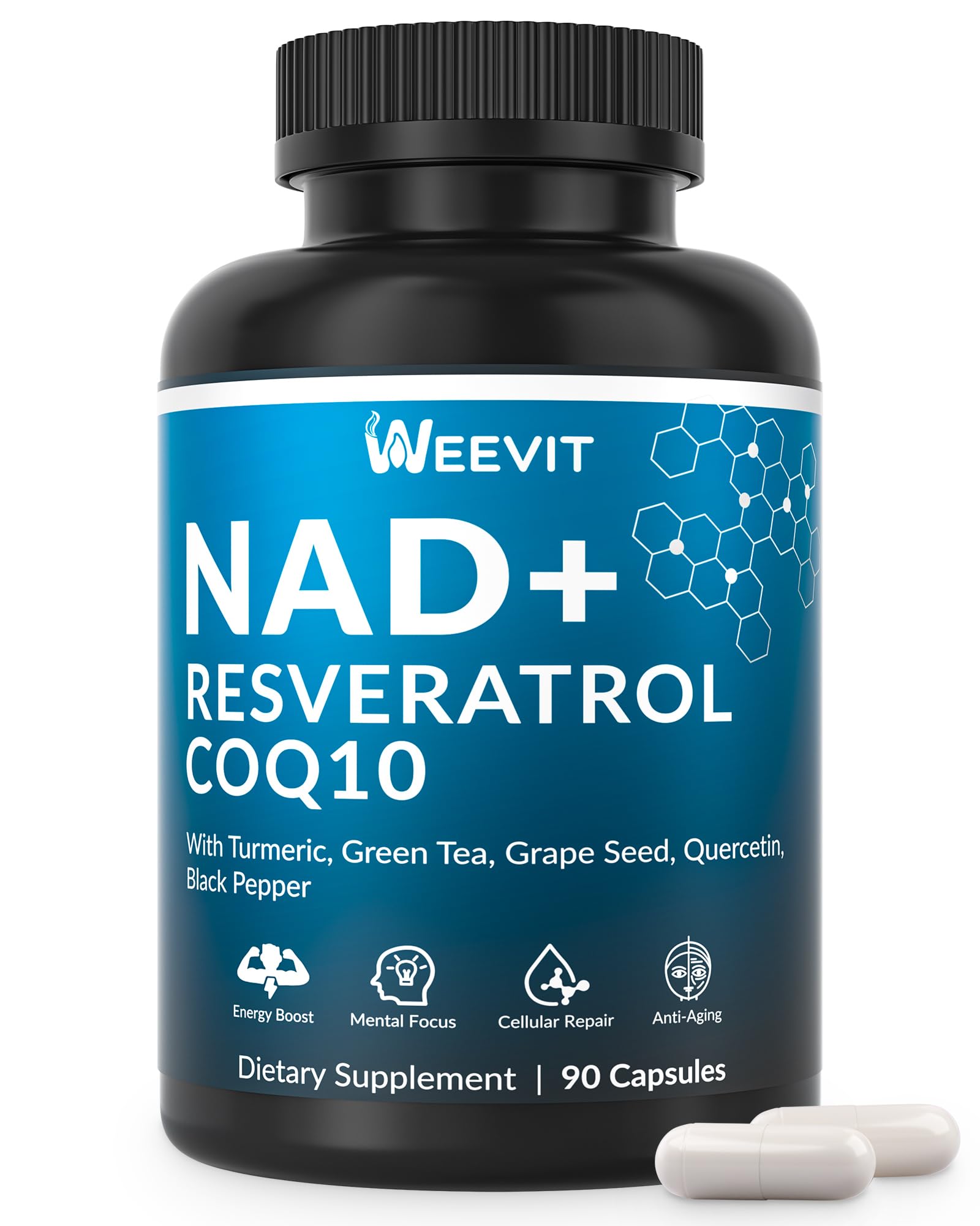 NAD+ Resveratrol Supplement, NAD Supplement w/COQ10, Quercetin, Turmeric