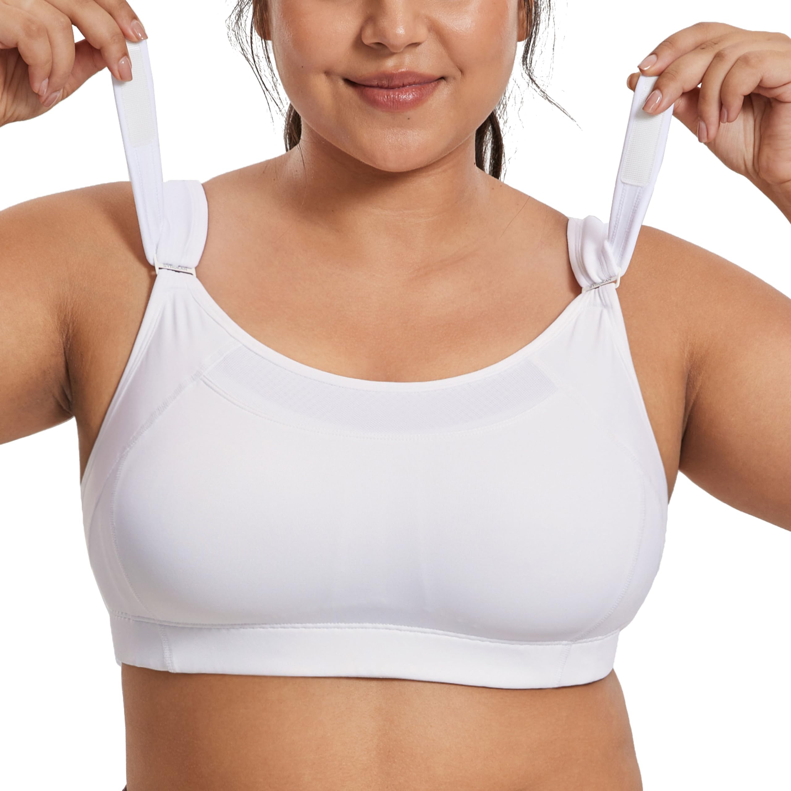SYROKAN Front Adjustable Sports Bra Women High Impact Plus Size Wirefree Comfort No Bounce Support Workout Running Bra White-A240 40E