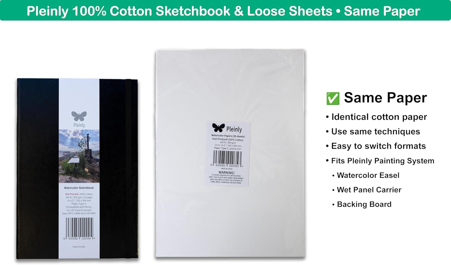 Pleinly 100% Cotton Watercolor Paper | Hot Pressed, 140 lb (300 GSM) 30 Loose Sheets 14.2x10.4”, Type-C Series Paper: Soft Washes, Strong Granulation, Also Perfect for Ink & Gouache