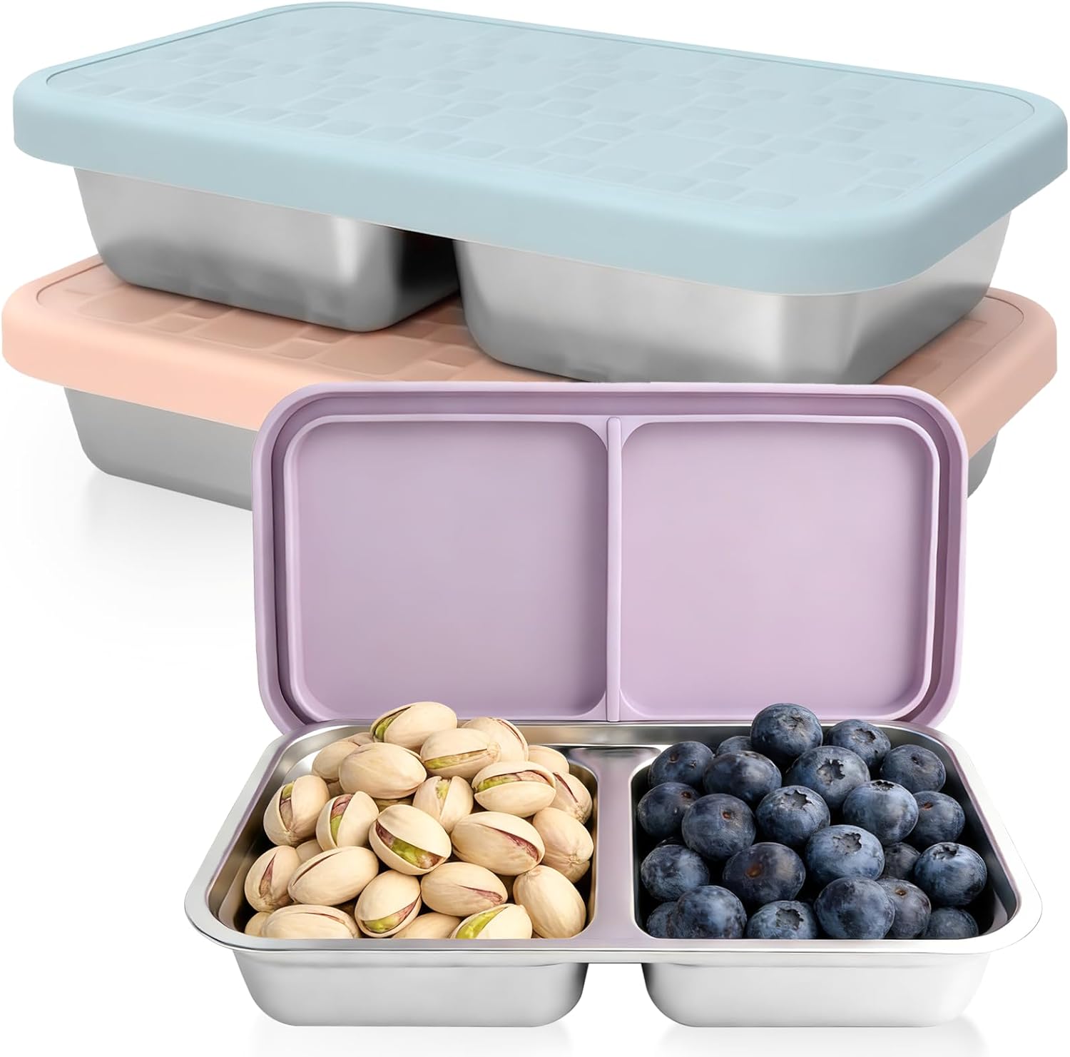 3 Pack 15 oz Stainless Steel Snack Containers for Kids, reusable metal snack containers with Silicone lids, 2 Compartment Stackable Metal Toddler Lunch Box for Outdoor