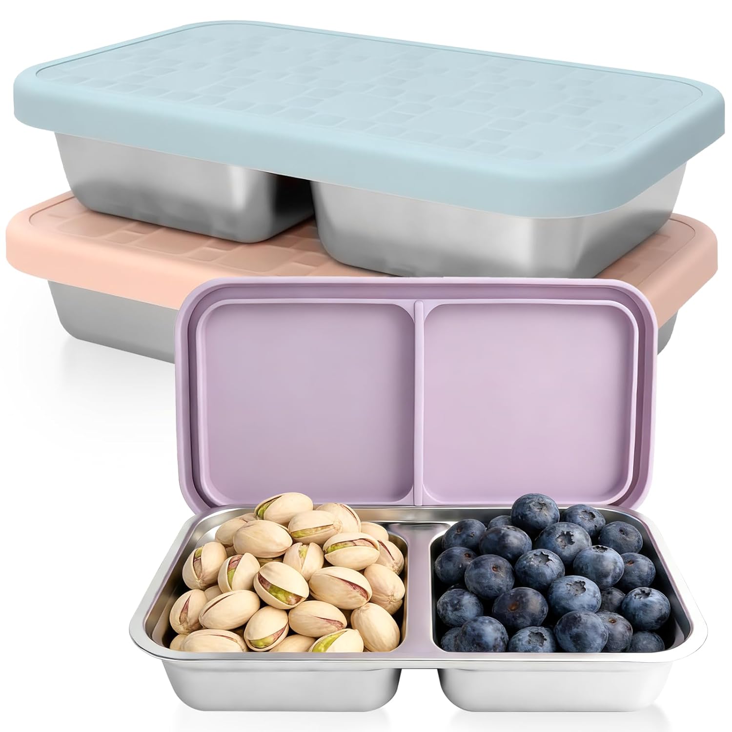 3 Pack 15 oz Stainless Steel Snack Containers for Kids reusable metal snack containers with Silicone lids 2