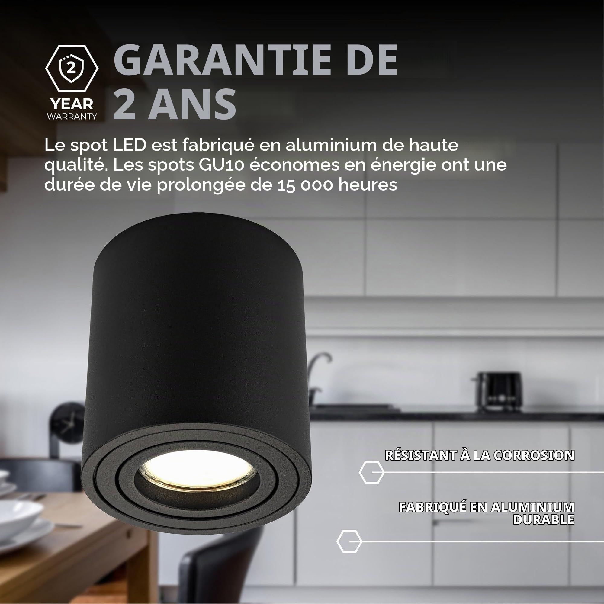 Ledvion lot de 6 spot LED en saillie noir rond 3W blanc chaud dimmable